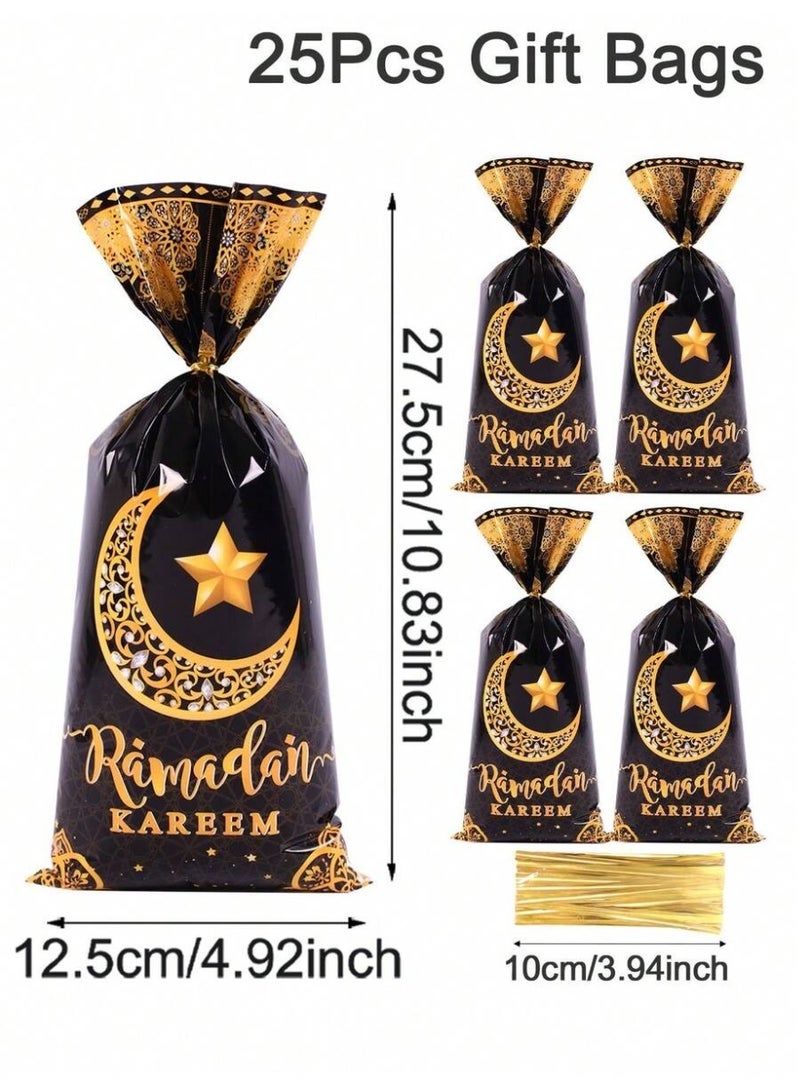 توزيعات رمضان 25 قطعة أكياس هدايا سوداء مزخرفة بالهلال والنجمة وعبارة رمضان كريم، مناسبة لتقديم الحلوى وزينة حفلات رمضان والعيد - Image 2